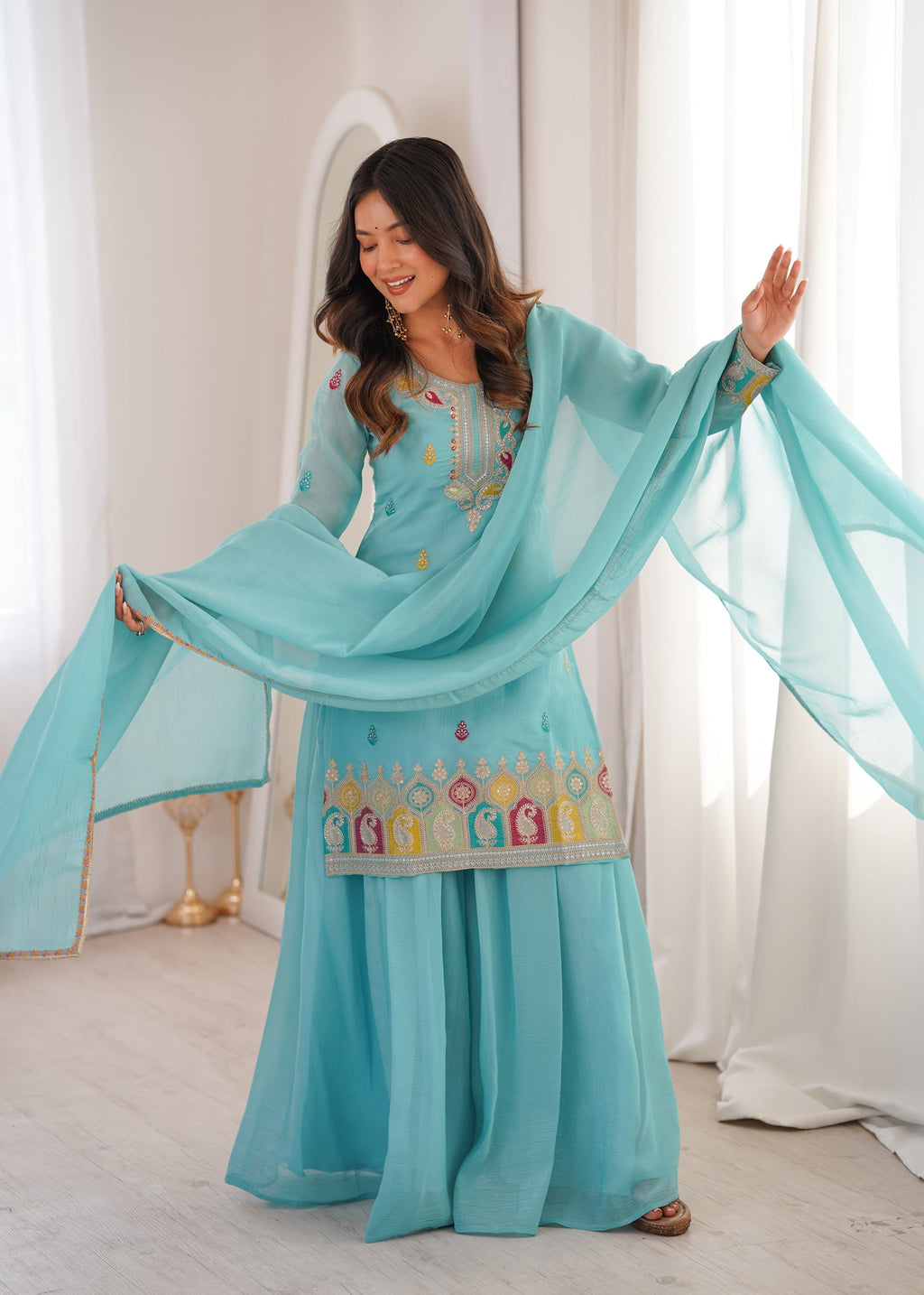Lorenvalley Fashion Skyblue Crunchy Silk with Embroidery Sequence, Dori, Jari Work Kurta Palazzo with Dupatta
