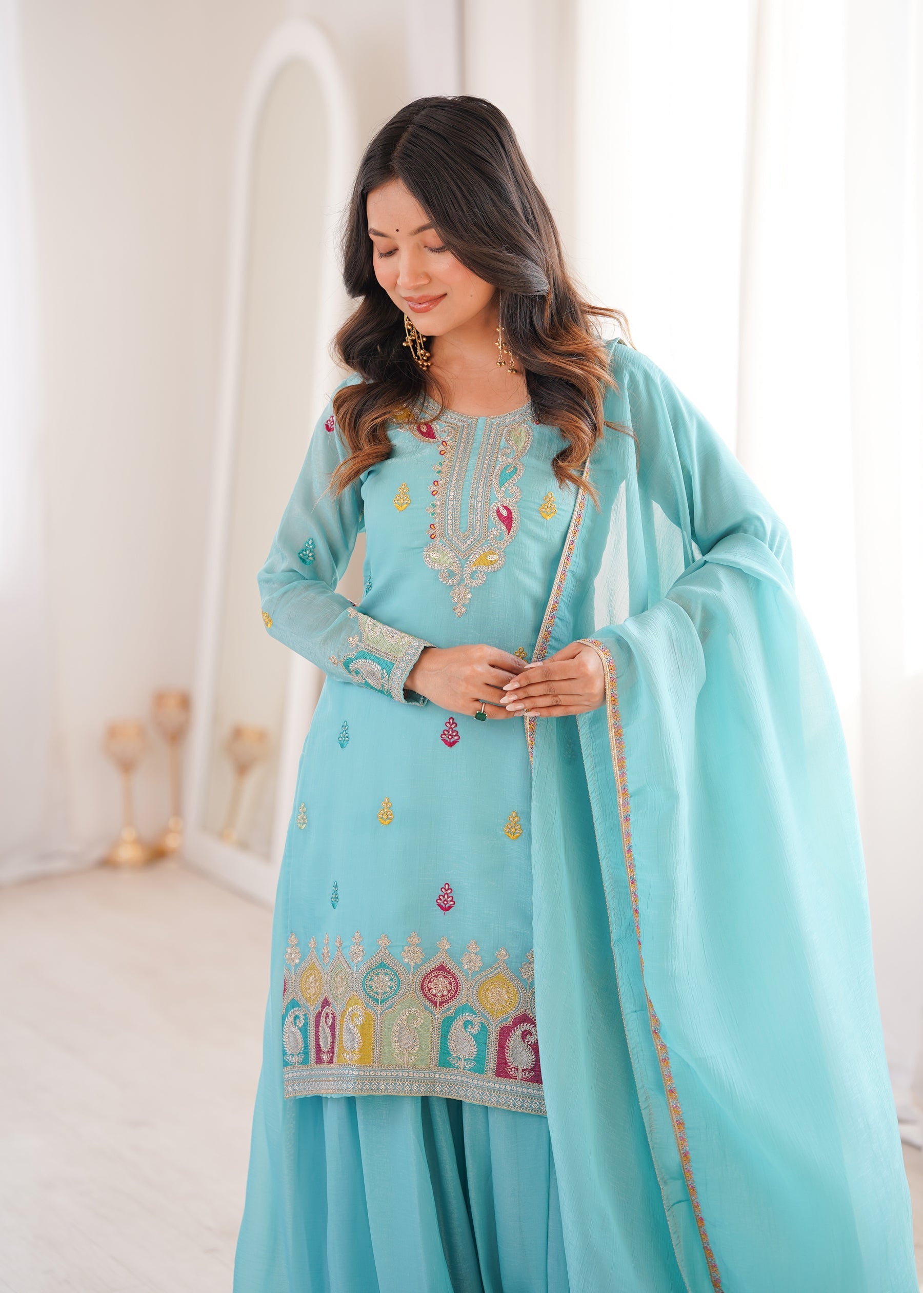Lorenvalley Fashion Skyblue Crunchy Silk with Embroidery Sequence, Dori, Jari Work Kurta Palazzo with Dupatta