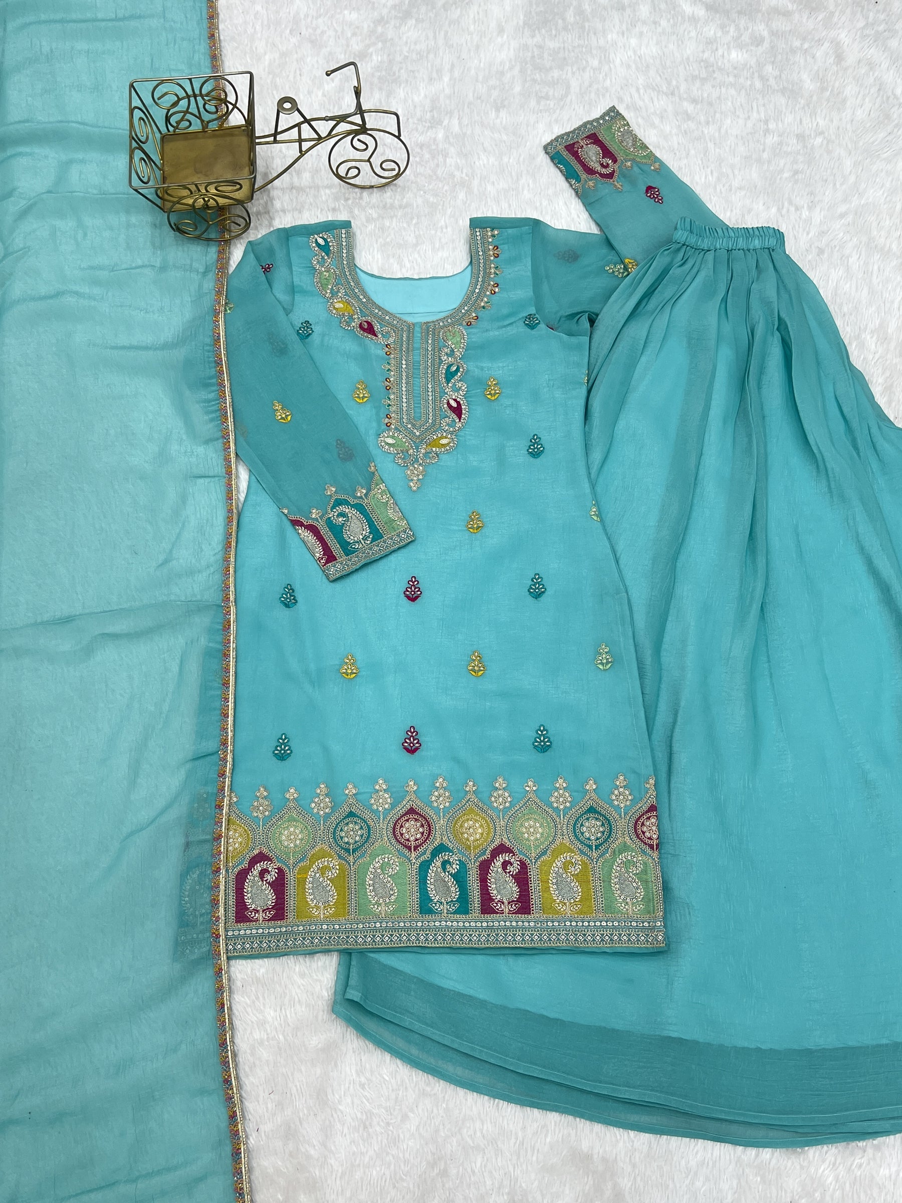 Lorenvalley Fashion Skyblue Crunchy Silk with Embroidery Sequence, Dori, Jari Work Kurta Palazzo with Dupatta