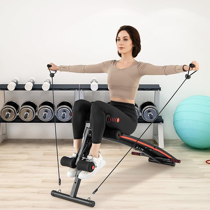 GYMAX Sit Up Bench, 330lbs Folding Decline Workout Bench with Spring Handle, Elastic Ropes & 4 Level Adjustable Height, Incline Weight Bench for Situp, Ab Crunch, Strength Training Exercise for Home Gym