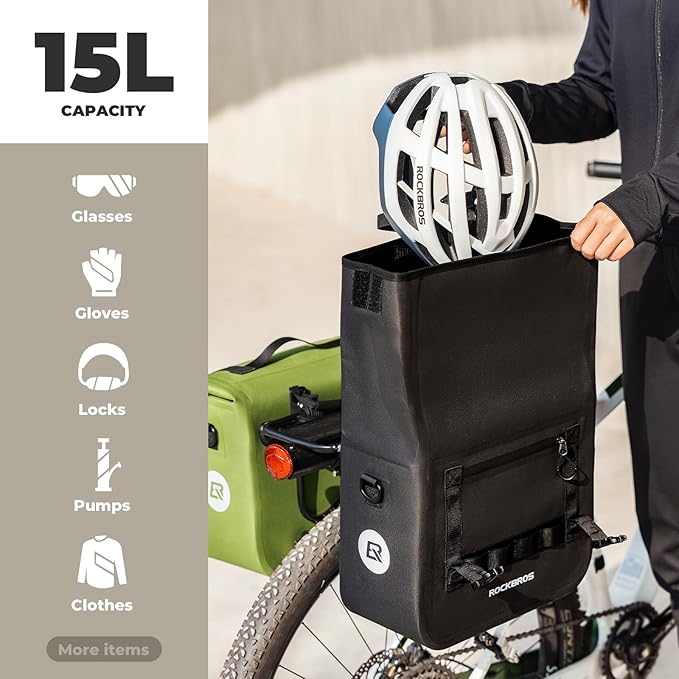 ROCKBROS Bike Panniers 15L Capacity Waterproof Bike Rack Bag Bicycle Panniers for Cycling Commuting Bikepacking Black