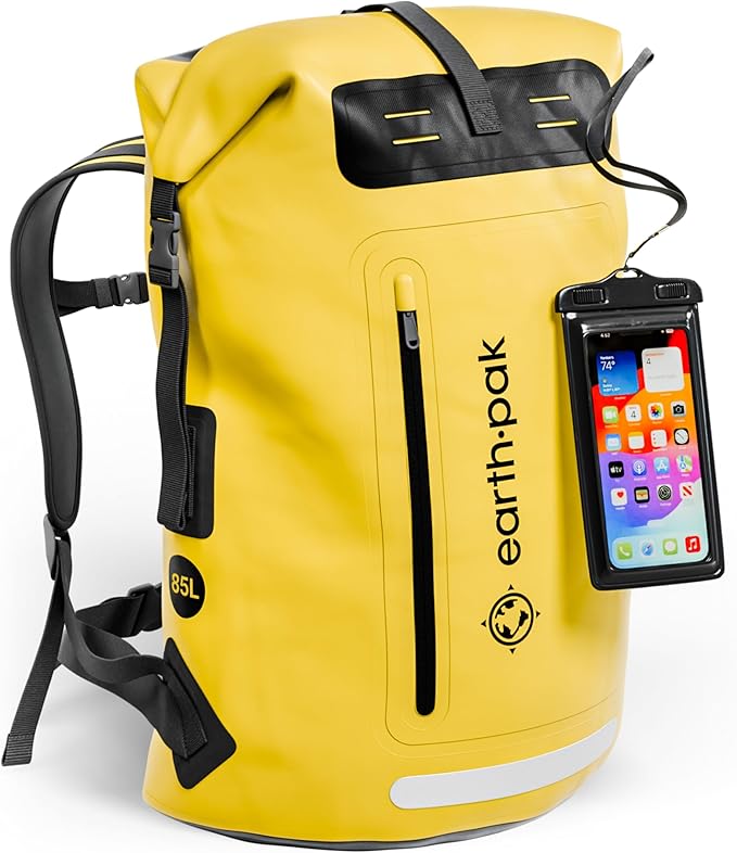 Earth Pak Waterproof Backpack - Heavy Duty Hiking Backpack - Roll-Top Closure - Waterproof Bag - Cushioned Dry Bags Waterproof w/ IPX8 Waterproof Phone Case - Wet Bag for Hiking, Kayak