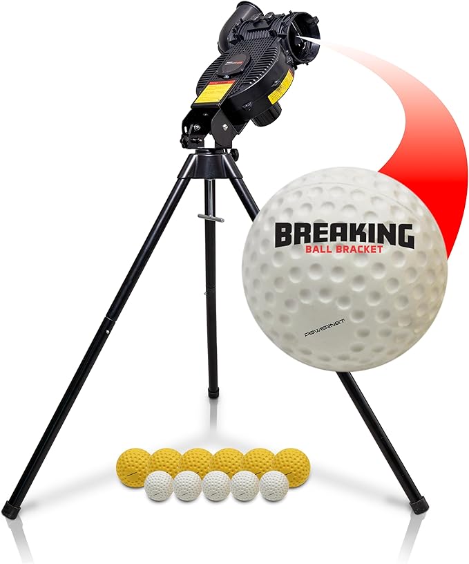 PowerNet Launch F-lite Softball & Baseball Pitching Machine, Dimpled Practice Balls, Bucket of Baseballs, Coaching Bucket Bundle for Pitching Machine, Baseball Training Equipment