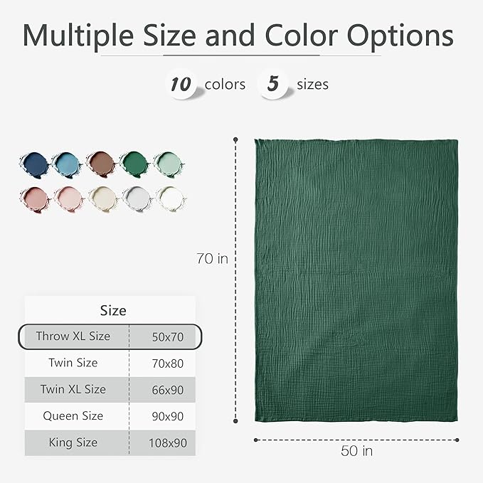 Carriediosa 100% Cotton Muslin Throw Blanket 50" X 70" Throw XL Size，4-Layers Summer Gauze Throws for Bed Couch，Soft Lightweight Breathable Linen Blankets Bedspread for Adults All Season，Dark Green