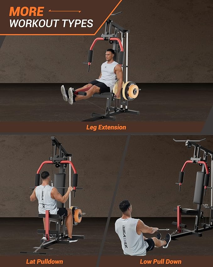 Multifunctional Home Gym Equipment with Lat Pulldown, Exercise Workout Station with Leg Press,Max 300LBS Capacity Home Gym Mahcine for Full Body Strength Training,Fit 1" & 2" Weight Plates(No Include)