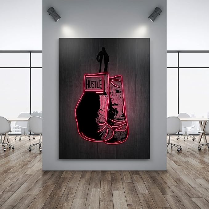 Boxing Gloves Neon Canvas Print Motivational Canvas Print Wall Art Office Decor, Entrepreneur Motivation, Hustle Artwork, Boxing Neon Print, Fighter Gym Sign, Hustler Art Neon Sign (36" x 24")