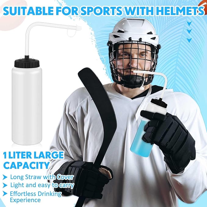 Domensi 2 Pack 1 Liter Sports Water Bottle with Long Straw Hockey Lacrosse 34 Oz Water Bottle Easy Squeeze Plastic Use with Sport Helmet in Football Baseball(Translucent,No Printed)