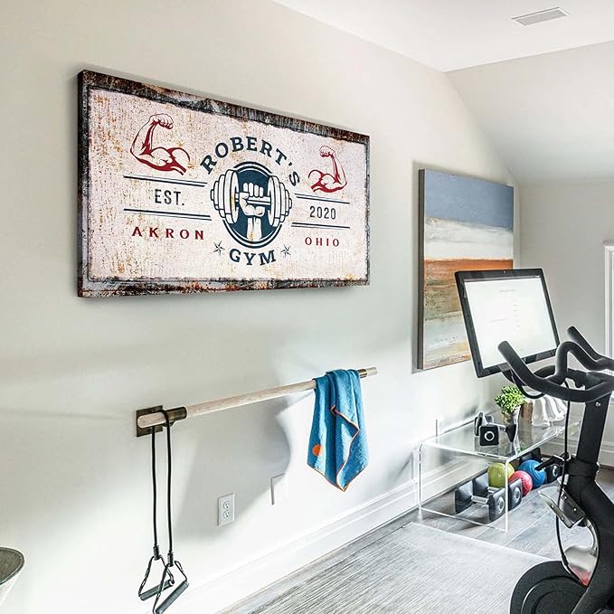 Tailored Canvases Personalized Gym Sign Wall Art Decor - Motivational Canvas for Home Gym, Workout Room, Garage, Fitness Center - Workout Inspirational Posters - One Hand with Dumbbell on Rustic, 60x30in