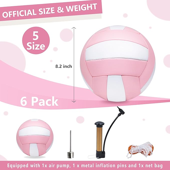 Magicorange Volleyball, 6 Pack Official Size 5 Volleyballs- PU Leather Indoor Outdoor Soft Touch Recreational Volleyballs for Beach Play, Game,Gym,Training -Includes Ball Pump