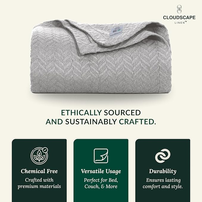 Cloud Scape Linen Herringbone Cotton Throw Blanket for Couch, Bed, Home Decor, Soft, Lightweight, All-Season Travel Blanket, 50 x 70, Light Grey