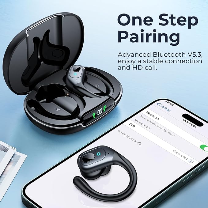 occiam Active Noise Cancelling Ear Buds Bluetooth Headphones Wireless Earbuds 90Hrs Playback Stereo Bass Earphones with Over-Ear Hooks IPX7 Waterproof Earbud for Sports Running Gym Workout Black