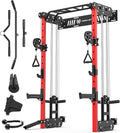 Wall Mounted Power Rack – 1600LB Capacity Compact Commercial Home Gym with Dual Cable Crossover, LAT Pulldown, Multi-Grip Pull-Up Bar & Landmine Attachment for Small Spaces, P67 Striker Red