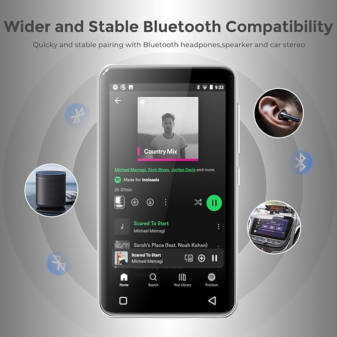 innioasis 80GB MP3 Player with Bluetooth and WiFi, MP3 Player for Kids with Spotify, Spotify Kids, Pandora, Audible, 4.0" Touch Screen Music Player with Parental Controls, Up to 1TB (White+ Silver)