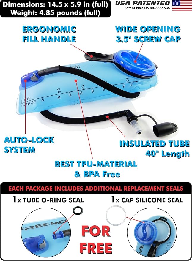 Hydration Pack with 2L or 3L Water Bladder & Cooler Bag > Keeps Drink Cool & Protects Bladders > Camelback Reservoir for Hydration Backpack, Tasteless & BPA Free, Quick Release Tube & Shutoff Valve