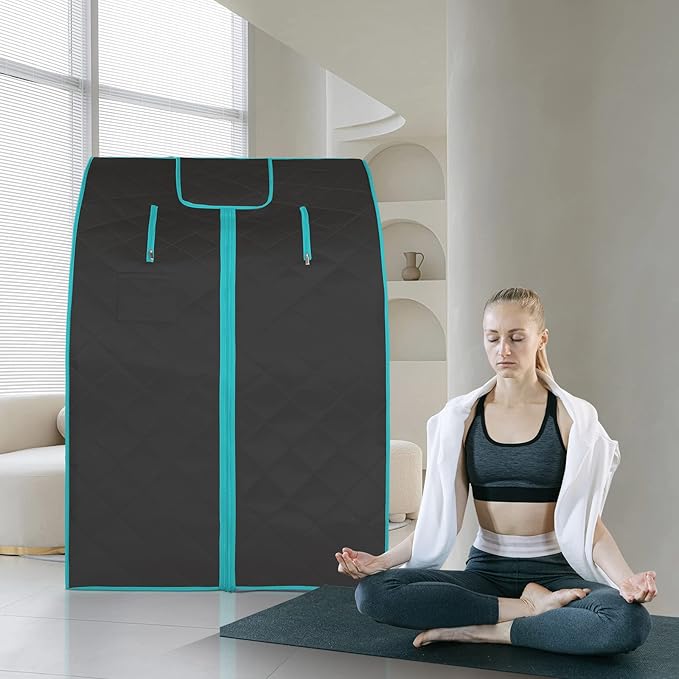Smartmak Far Infrared Sauna, Full Body One Person Portable SPA Set with Time & Tempreture Remote Control, Heating Foot Pad and Foldable Reinforced Chair (L 27.6’’ x W 31.5’’ x H 37.8’’) - Black