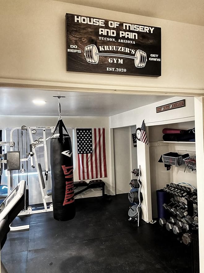 Tailored Canvases Personalized Gym Sign Wall Art Decor - Motivational Canvas for Home Gym, Workout Room, Garage, Fitness Center - Workout Inspirational Posters - House of Misery and Pain, Wooden 20x10in