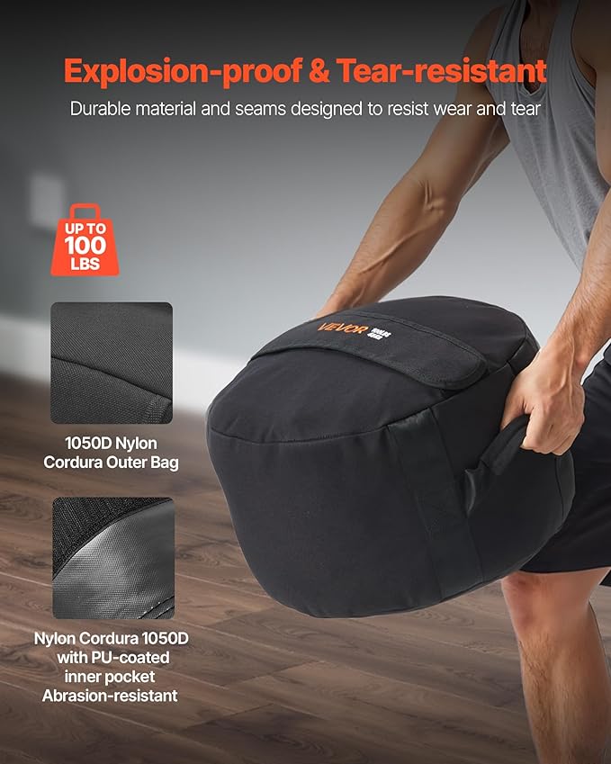 VEVOR Workout Sandbag, Heavy Duty Workout Power Bags with Handles, 100 lbs/45 kg Slam Bag for Fitness Strength Weight Training Cross-Training, Home Gym Exercise, Black (Unfilled)