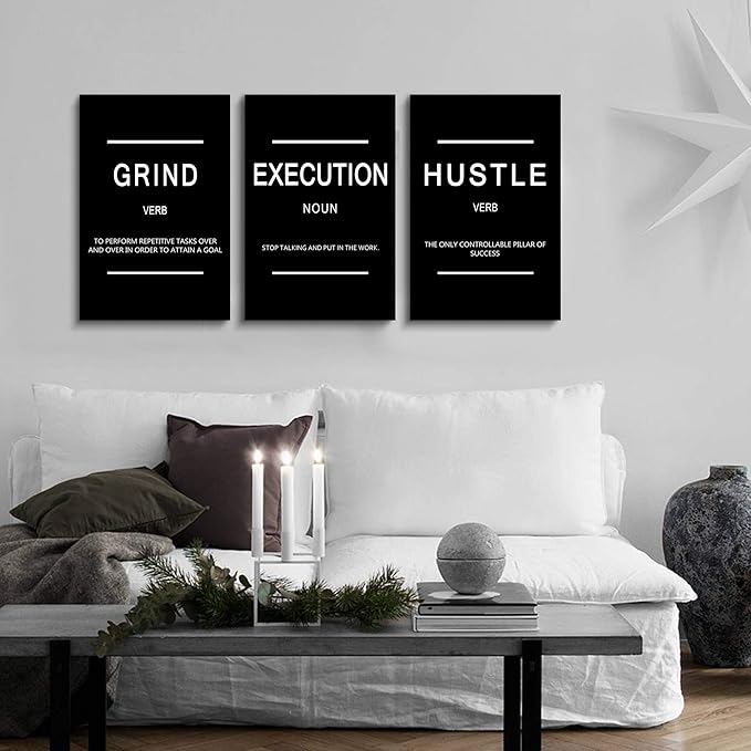 Framed Canvas Wall Art Success Quote, Office Wall Art, Black Large Poster, Positive Motivational Set of 3 Prints, Execute Failure Definition, Inspirational Print (B-3pcs,16x24inchx3pcs)