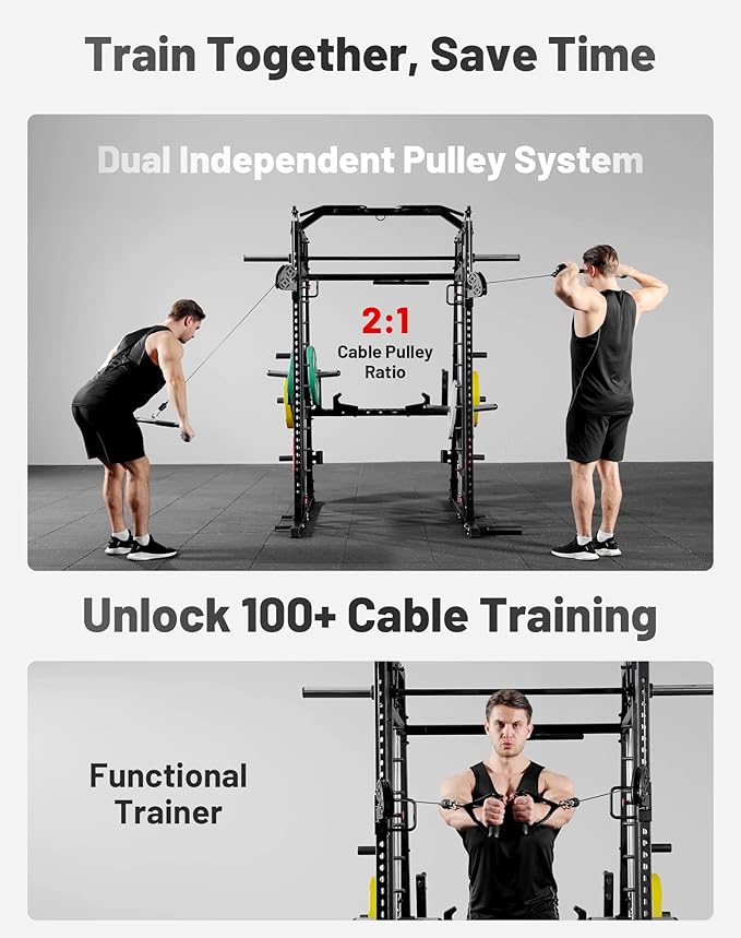 Mikolo M4 2.0 Smith Machine, All-in-One Power Cage with Independent Dual Pulley System, Multi-Function Home Gym Workout Cage for Cable Crossover