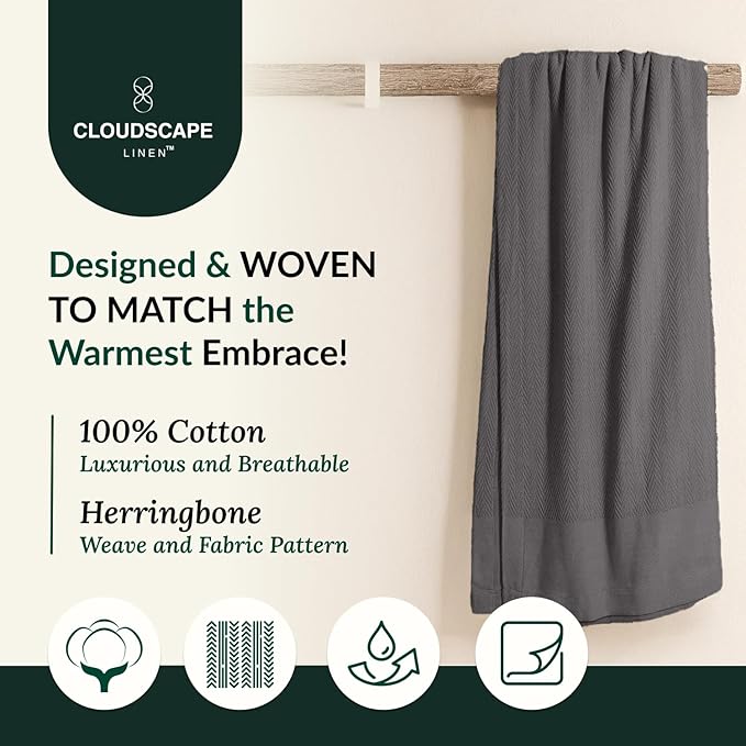 Cloud Scape Linen Herringbone Cotton Throw Blanket for Couch, Bed,Sofa, Home Decor, Soft, Lightweight, All-Season Bed Blanket, 50 x 70, Dark Grey