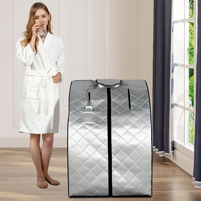 Smartmak Far Infrared Sauna, Full Body One Person SPA Set with Portable Time & Tempreture Remote Control, Heating Foot Pad and Foldable Reinforced Chair(L 27.6’’ x W 31.5’’ x H 37.8’’) - Black Border