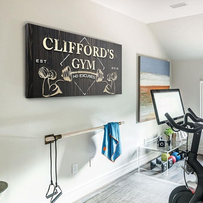 Tailored Canvases Personalized Gym Sign Wall Art Decor - Motivational Canvas for Home Gym, Workout Room, Garage, Fitness Center - Workout Inspirational Posters - Gym Name on Wooden Background, 60x30in