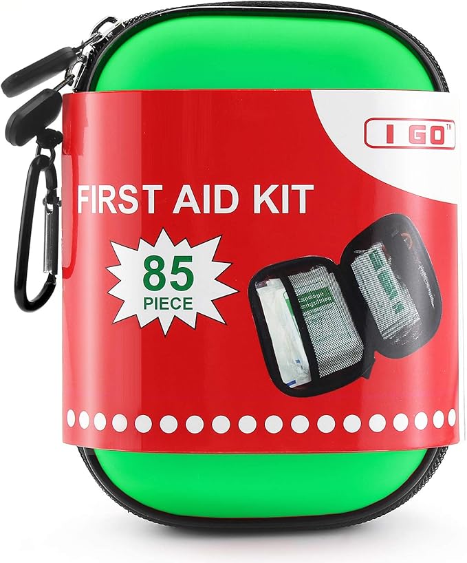 I GO 85 Pieces Hard Shell Mini Compact First Aid Kit, Small Personal Emergency Survival Kit for Travel Hiking Camping Backpacking Hunting Marine Car