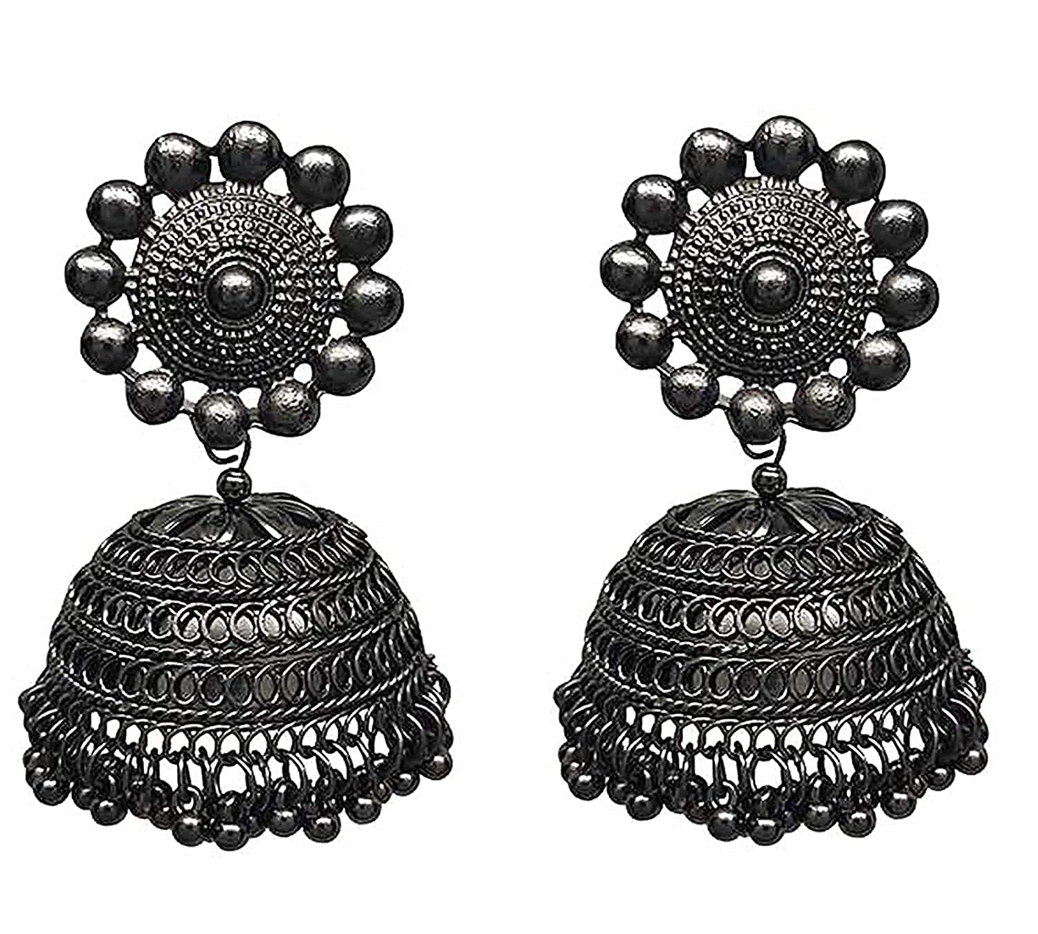 Rhodium-Plated Alloy Black Metallic Jhumki Earrings - The Pari