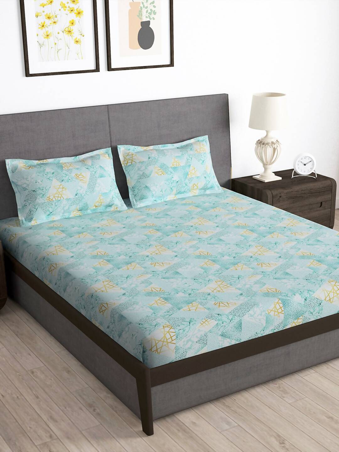 Story@home Blue & Yellow Printed Microfiber 180 TC Bedsheet With Pillow Cover