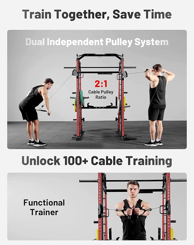 Mikolo Smith Machine, 2200lbs Squat Rack with LAT-Pull Down System & Cable Crossover Machine, Training Equipment with Leg Hold-Down Attachment