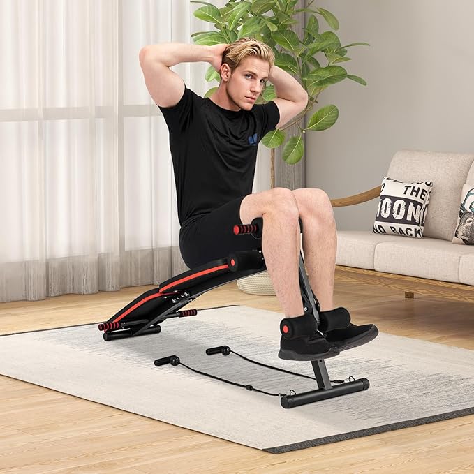 GYMAX Sit Up Bench, 330lbs Folding Decline Workout Bench with Spring Handle, Elastic Ropes & 4 Level Adjustable Height, Incline Weight Bench for Situp, Ab Crunch, Strength Training Exercise for Home Gym