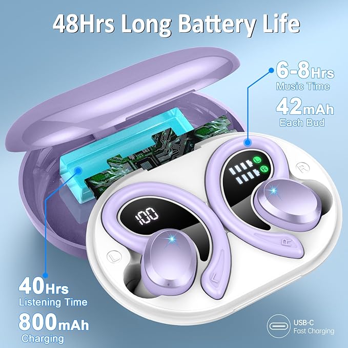 Wireless Earbud, Bluetooth 5.4 Headphones IP7 Waterproof for Sport, 48H Running Wireless Earphones with ENC Noise Cancelling Mic, Deep Bass Over Ear bud with Earhooks for Android, iOS, Workout, Purple