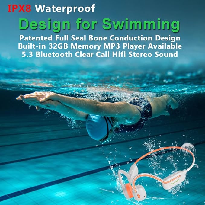 IHAO Swimming Headphones True Bone Conduction Open Ear Headset MP3 Player Built-in 32G Memory IP68 Underwater Waterproof Stereo Bluetooth Earphone for Driving Bicycling Running Skiing-Orange