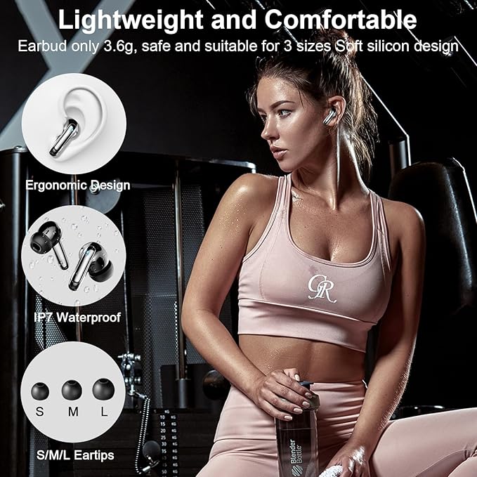 Wireless Earbuds, Bluetooth 5.4 Headphones, ENC Noise Cancelling Mic Ear buds with Stereo Bass, 48H Playtime Earphones , LED Display, IP7 Waterproof In Ear EarBuds for Phone Android iOS Sports, Black