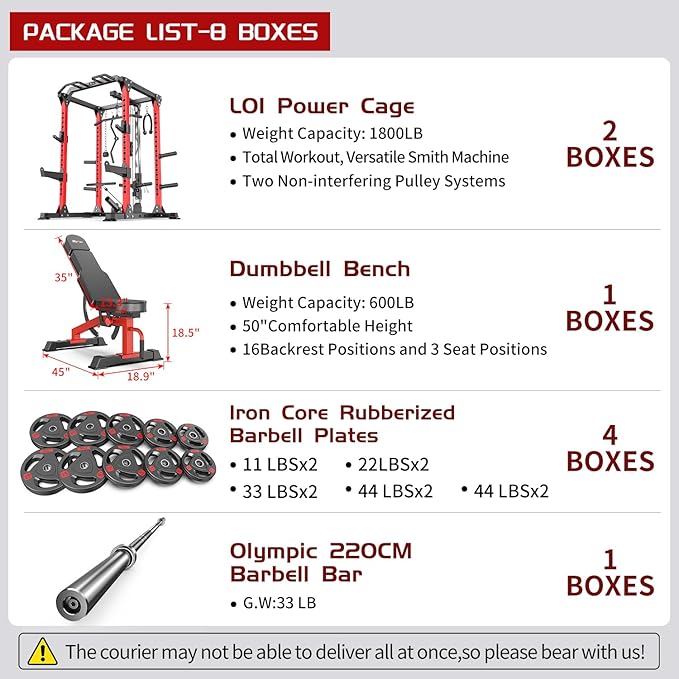 Power Cages Multi-Purpose Squat Rack with Cable Crossover System, Matching Weight Bench, Olympic Barbell Weight Set for Garage and Home Gyms