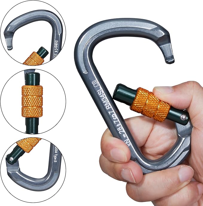 Auto Locking Rock Climbing Carabiner Clips, Heavy Duty Asymmetrical Carabiner Connector Used for Rappelling Rescue Outdoor Climbing, Mountaineer, Hammock, Camping