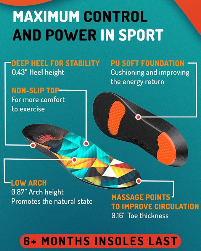 Sport Shock Absorbing Insoles - Athletic Shoe Cushioning Inserts for Men and Women - Ideal for Active Sports Running Training Hiking - Neutral Arch Good for Sneakers Shoes, L