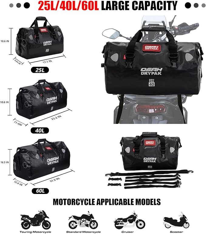 Waterproof Duffel& Luggage Bag - Motorcycle Dry Bag Tail Saddle Bags with Roll Top Closure,Large Storage Space,for Camping, Kayaking, Fishing & Traveling(Grey, 25L)