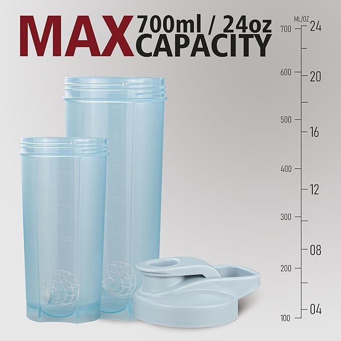 ShakerZoo-6 Pack-Protein Shaker Bottles for Protein Mixes, Shaker Cups for Protein Shakes, 3 pcs 24 ounce and 3 pcs 20 ounce (Blue)