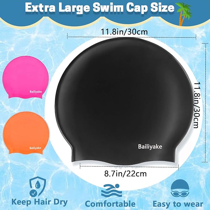 3 Pack Extra Large Swim Cap for Braids & Dreadlocks - Waterproof Silicone Swim Hat for Women with Long Thick Hair, Protective Swim Cap Cover Ears for Swimming, Shower, Bathing