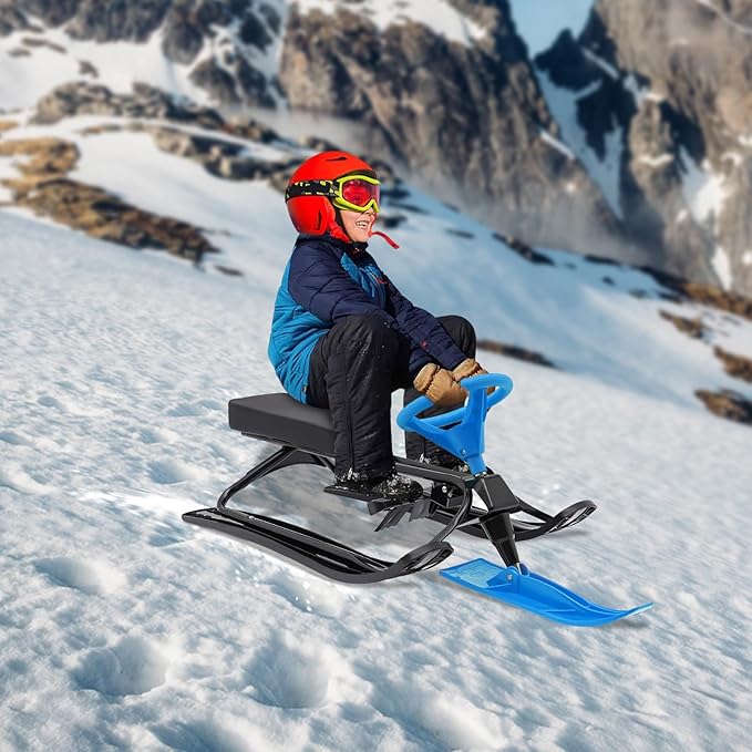 Snow Racer Sled with Steering Wheel and Brakes, Durable Steel Frame, Downhill Steerable Sled for 220 LBS Kids, Teenagers, Adults