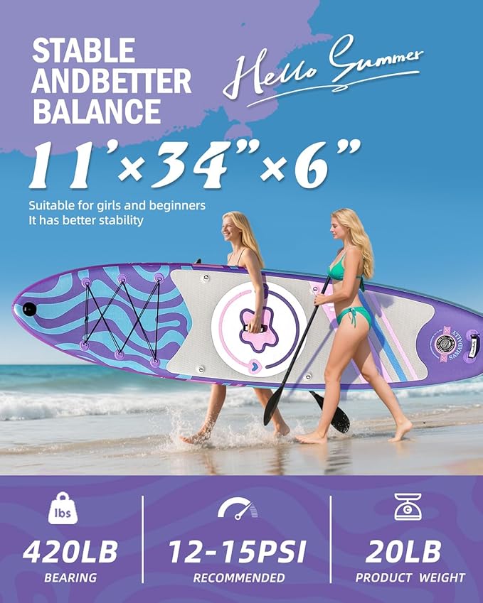 11'Stand Up Paddle Boards Surf Control with Premium SUP Board Accessories Backpack & Removable Fins, 34" Wide Inflatable Paddle Boards of All Skill Levels