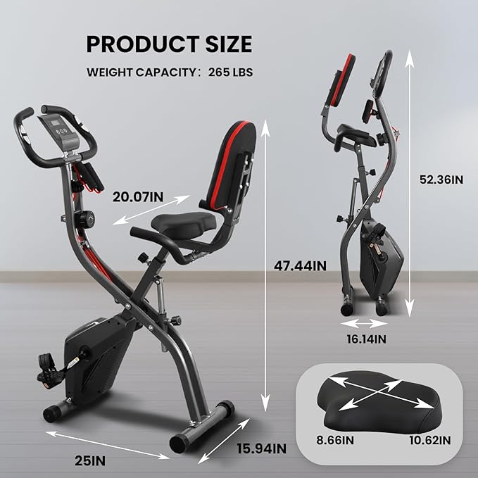Exercise Bike Stationary Bike Folding Exercise Bike with 10 Level Adjustable Magentic Resistance Support Back Pad and Phone/Tablet Holder Arm Resistance Band Pulse Sensor LCD Monitor for Home Workout 265 LB Capacity