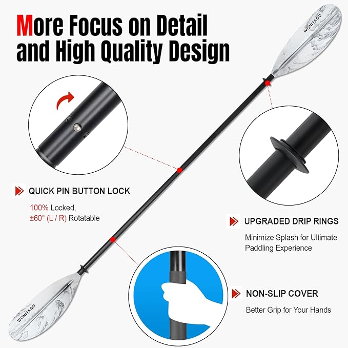 Kayak Paddles with Alloy Shaft and PP Blade, Floating Kayaking Oars, Adjustable 230-250 cm/90-98 Inches, 210-230 cm/82-90 Inches