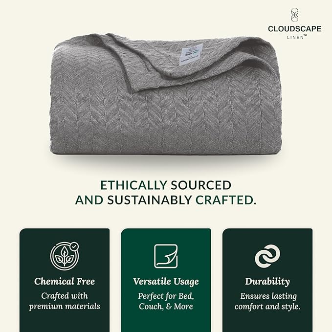 Herringbone Cotton Twin Blanket for Couch, Bed,Sofa, Home Decor, Soft, Lightweight, All-Season Bed Blanket, 68 x92, Dark Grey