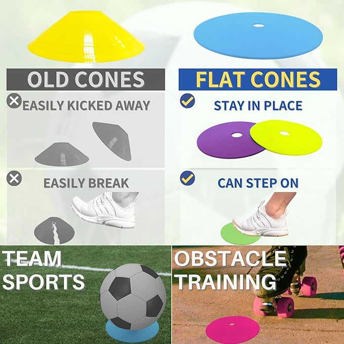 LEZER 9 Inch Flat Cones, Spot Markers, Soccer Cones, Field Court Markers, Sit Spots, Flat Discs, Soccer Training Equipment, Agility Practice, Football, Made in Taiwan