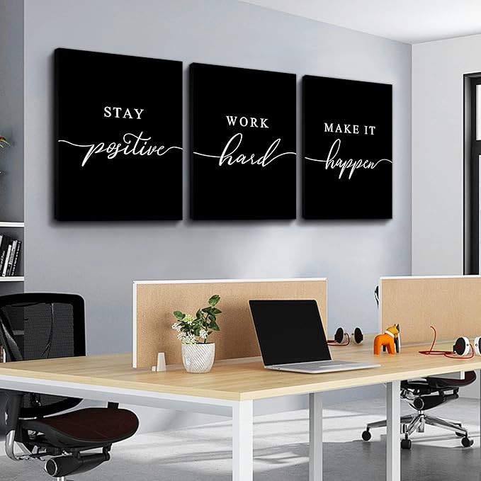 Stay Positive Letters Artwork,Framed Canvas Wall Art Positive Quote, Office Wall Art, Black Large Poster, Inspirational Prints for Boss Gift (E-3pcs,20x30inchx3pcs)