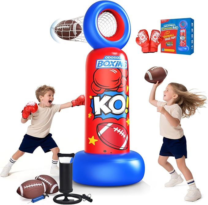 Inflatable Punching Bag for Kids, 2-in-1 Freestanding Boxing Bag with Football Toss Game, 68.8'' Heavy Duty Karate Taekwondo Toy for Boys Girls Ages 3-12, Birthday Ideas