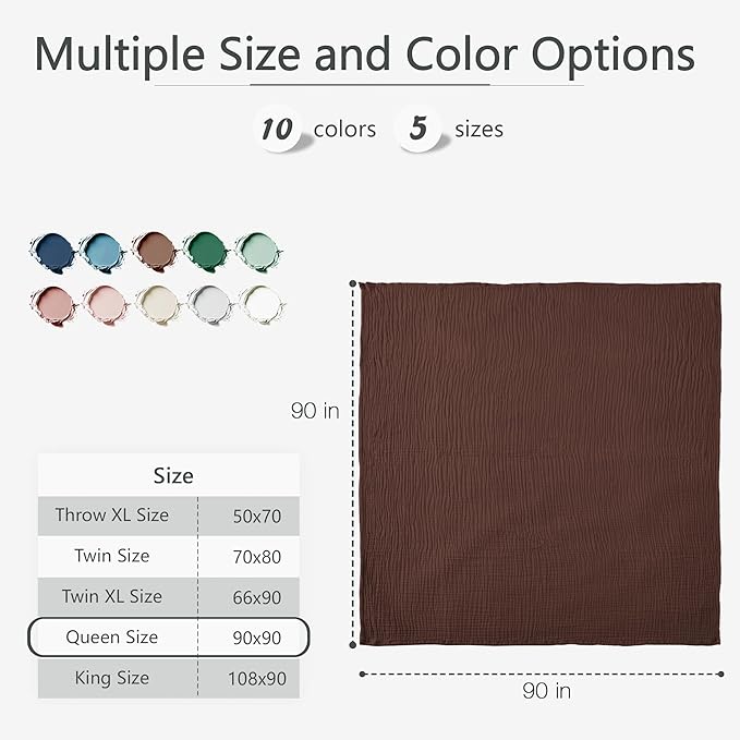 Carriediosa 100% Cotton Muslin Throw Blanket 90" X 90" Queen Size，4-Layers Summer Gauze Throws for Bed Couch，Soft Lightweight Breathable Linen Blankets Bedspread for Adults All Season，Dark Brown