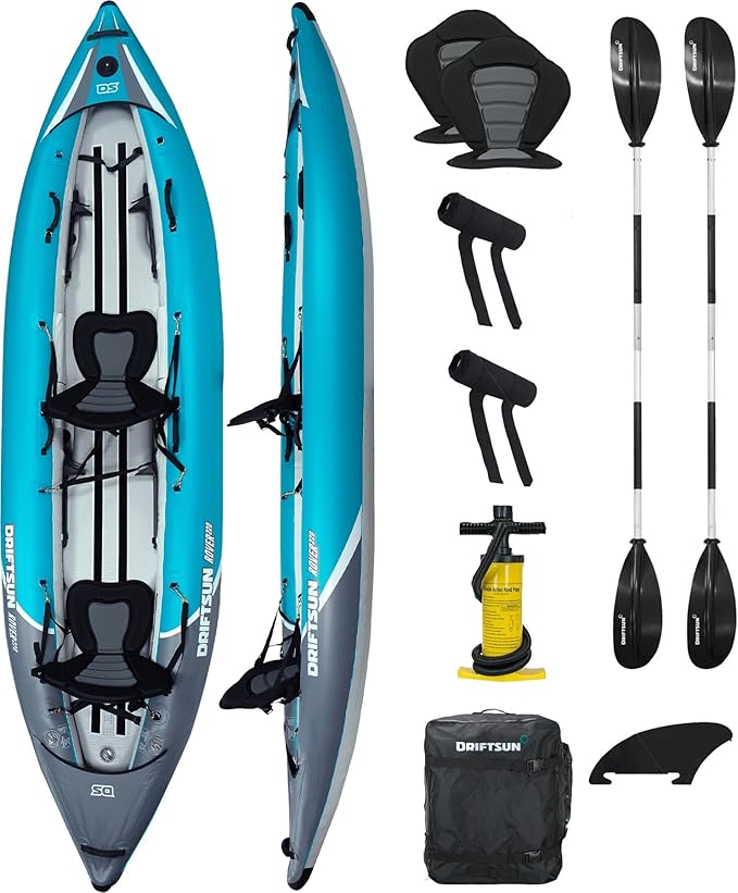 Driftsun Rover Inflatable Kayak - White Water Kayaks for 1 and 2 Person, High Pressure Dropstitch Floor Kayak for Adults with Padded Seats